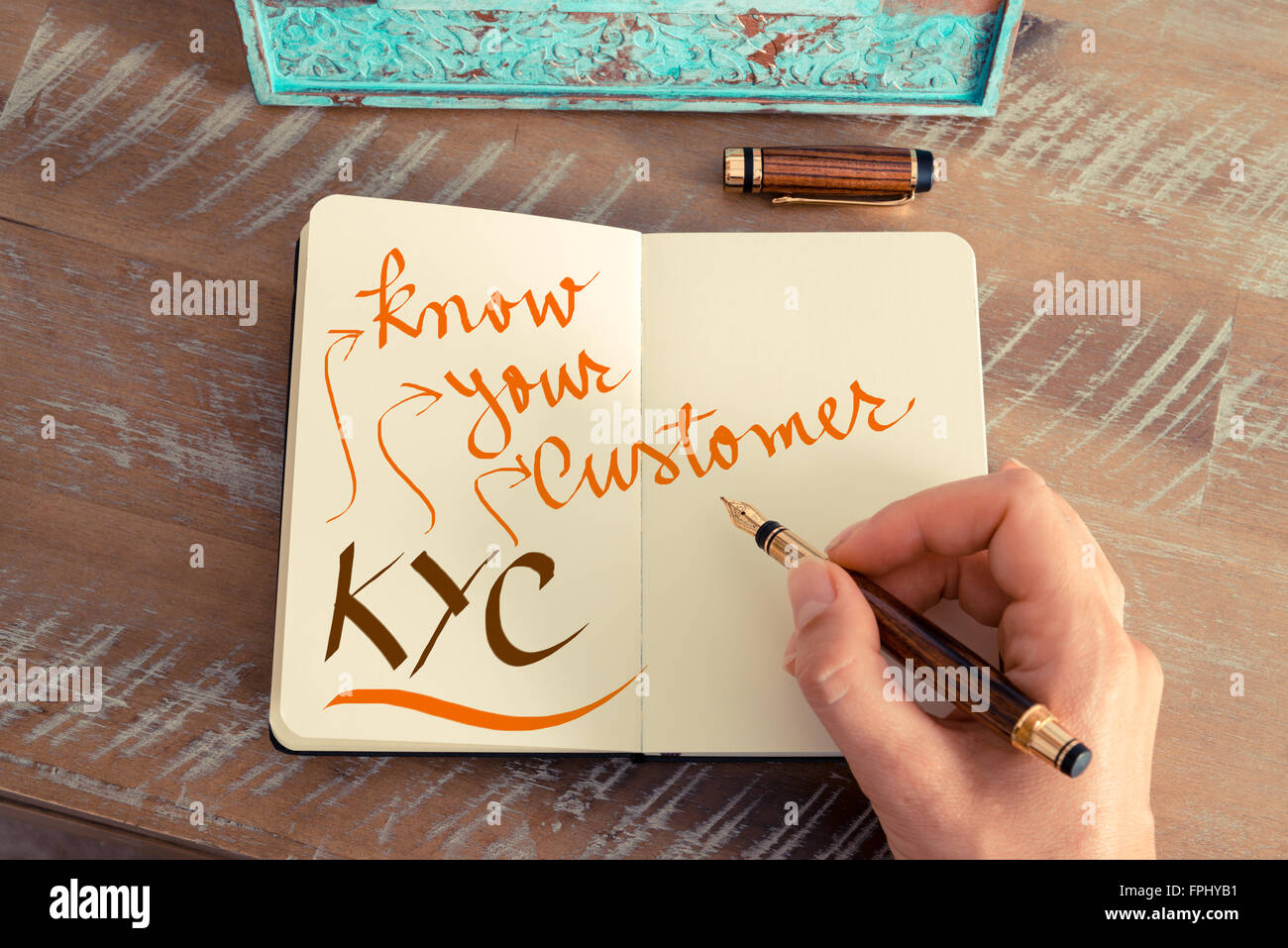 Handgeschriebener Text KYC KNOW YOUR CUSTOMER, Business-Erfolg-Konzept Stockfoto