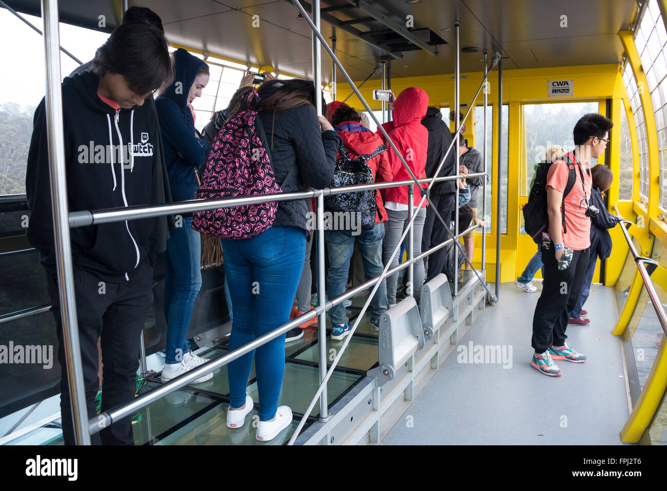 Touristen an Bord der Scenic Skyway-Seilbahn (Australiens höchste Seilbahn) an der Scenic World in der Nähe von Katoomba in den Blue Moun Stockfoto