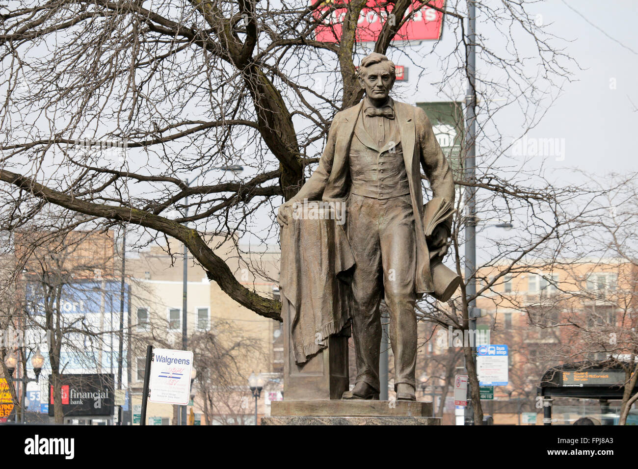 Statue von Abraham Lincoln. Lincoln Square, Chicago, Illinois. Stockfoto
