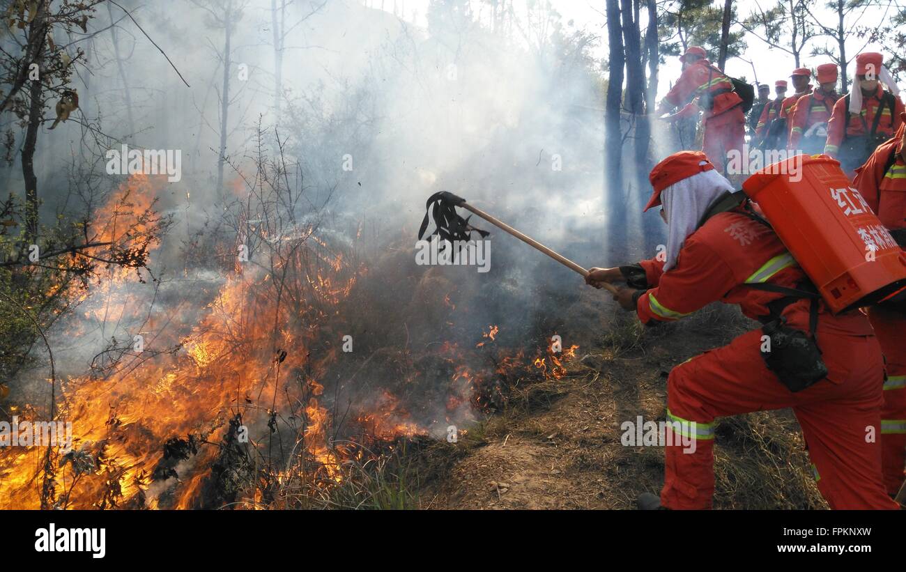 Jianshui, chinesischen Provinz Yunnan. 19. März 2016. Feuerwehrleute versuchen, einen Waldbrand in Xiejiachong Dorf von Jianshui County, Hani und Yi autonomen Präfektur von Honghe, Südwesten der chinesischen Provinz Yunnan, 19. März 2016 zu löschen. Feuerwehr versucht löschte das Feuer, die um ca. 08:30 Samstag begann. Die Ursache des Feuers wurde untersucht. © Shao Hongbo/Xinhua/Alamy Live-Nachrichten Stockfoto