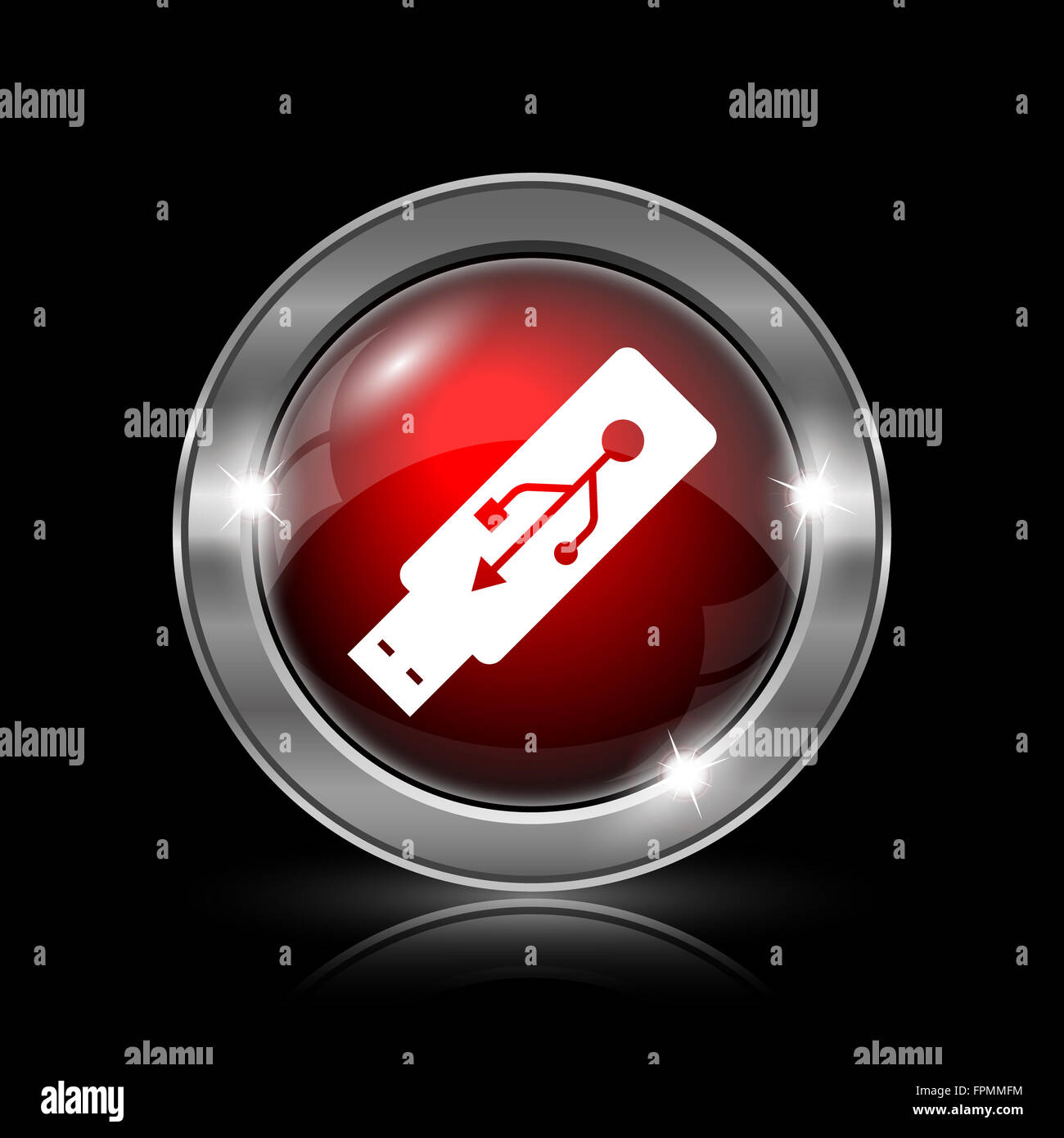 USB-Flash-Laufwerk-Symbol. Metallische Internet-Button auf schwarzem Hintergrund. Stockfoto