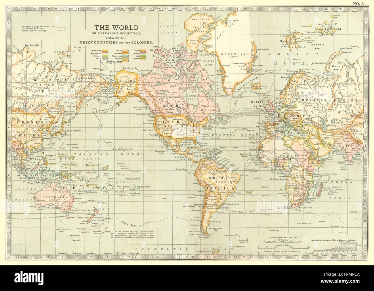 Welt: auf der Mercator-Projektion zeigt Kolonien, 1903 Antike Landkarte Stockfoto