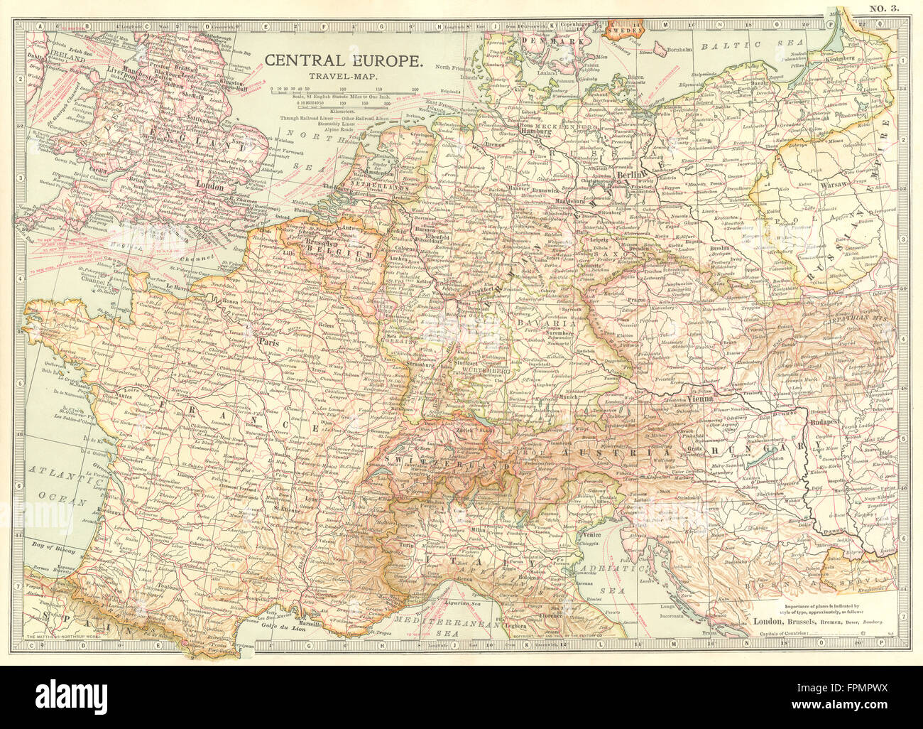 Europa: Mitteleuropa Reisekarte. Eisenbahnen, Dampfschiffe, 1903 Stockfoto