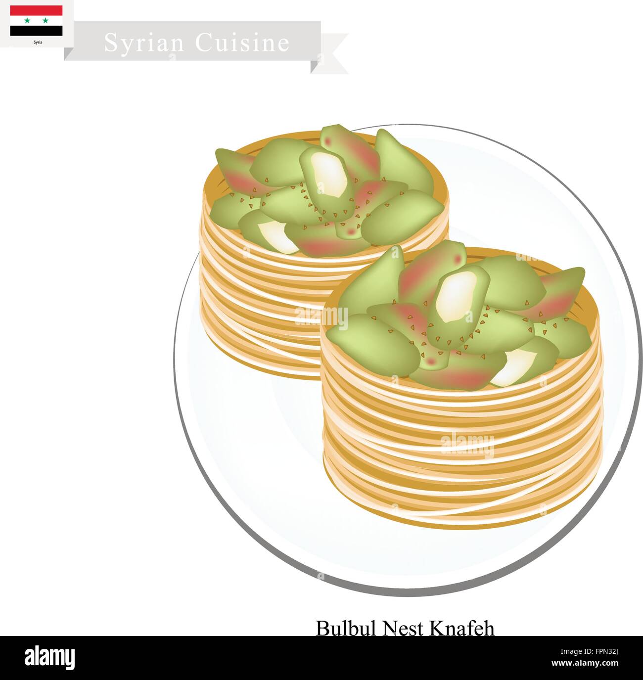 Syrische Küche, Bulbul Nest Knafeh oder traditionellen levantinischen Käse Blätterteig mit Pistazien und Sirup. Eines der meisten Popu Stock Vektor