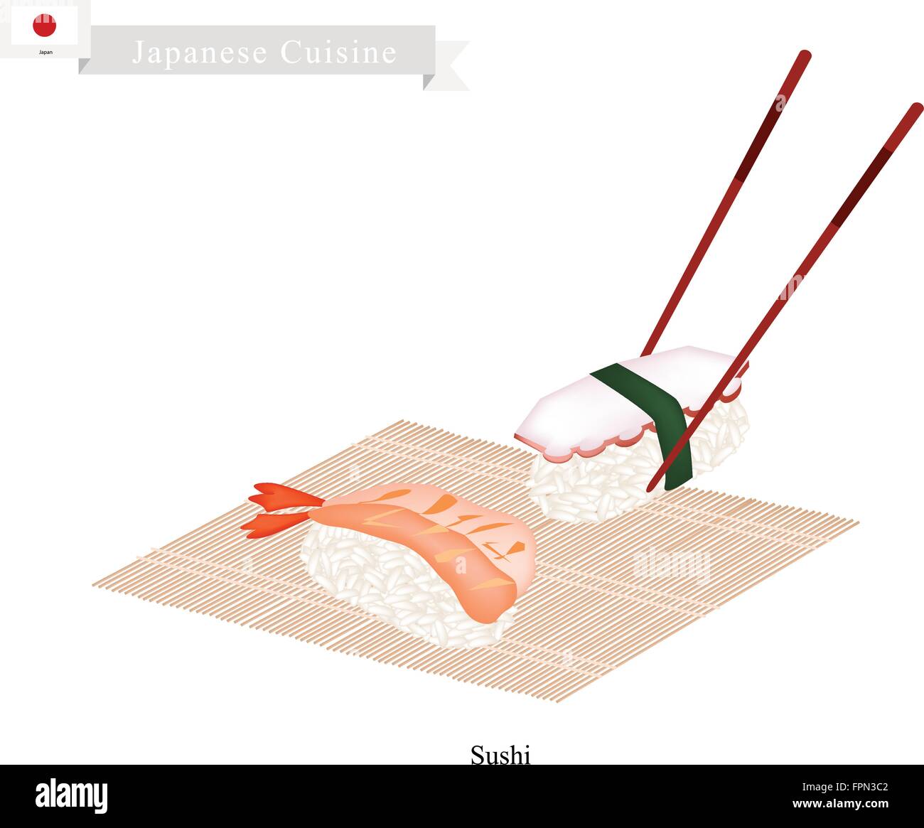 Japanische Küche, Illustration von Garnelen Nigiri und Tako Sushi. Eines das beliebteste Gericht in Japan. Stock Vektor