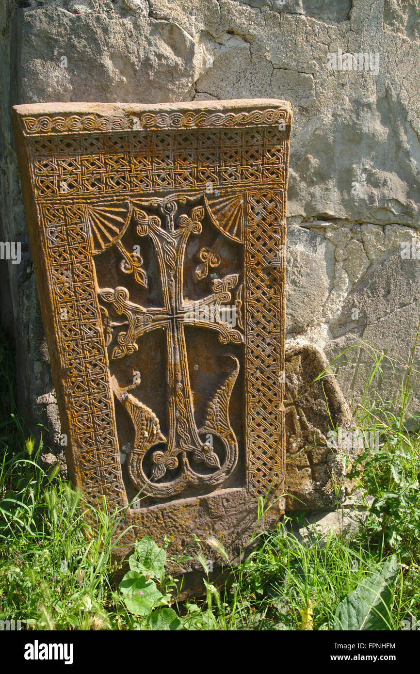 Khatchkar Kreuz Stein, Kloster Gandzasar in Berg-Karabach Stockfoto