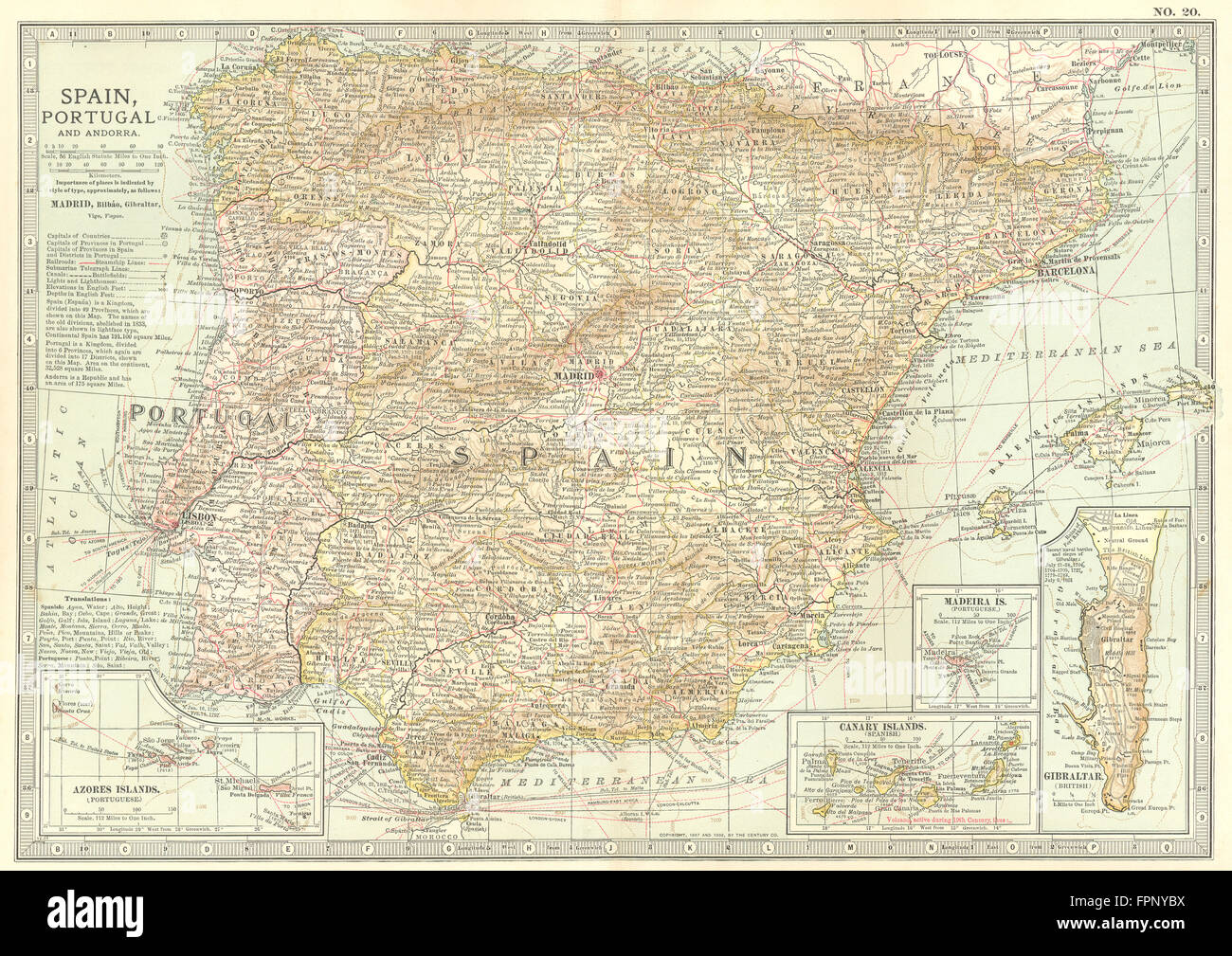 IBERIA: Spanien, Portugal; Balearen, Azoren, Kanarische; Madeira; Gibraltar, 1903 Karte Stockfoto