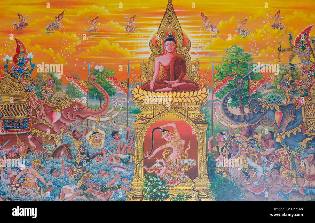 Thailändische Kunst, Wandbild Mythologie buddhistische Religion an Wand in Wat Neramit Vipasama, Dansai, Loei, Thailand Stockfoto