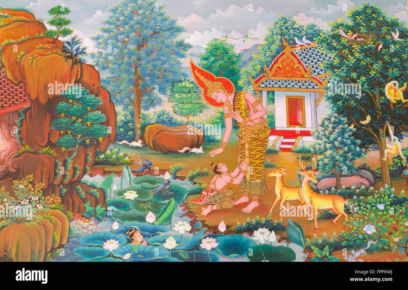 Thai, Wandbild Mythologie buddhistischen Kunstreligion an Wand in Wat Neramit Vipasama, Dansai, Loei, Thailand Stockfoto