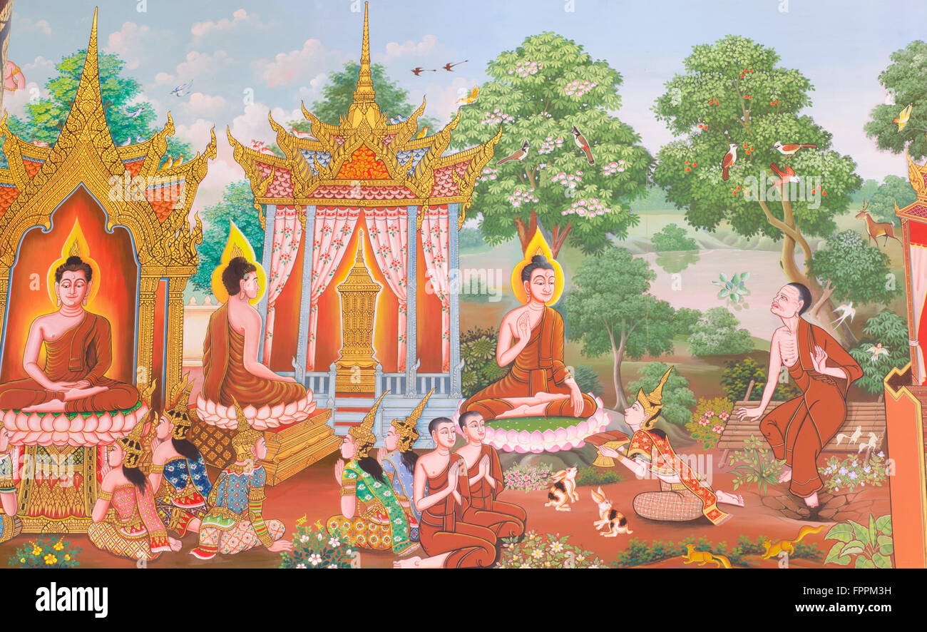 Thai, Wandbild Mythologie buddhistischen Kunstreligion an Wand in Wat Neramit Vipasama, Dansai, Loei, Thailand Stockfoto