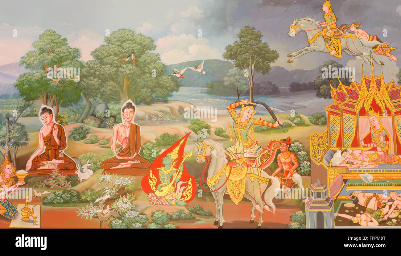 Thai, Wandbild Mythologie buddhistischen Kunstreligion an Wand in Wat Neramit Vipasama, Dansai, Loei, Thailand Stockfoto