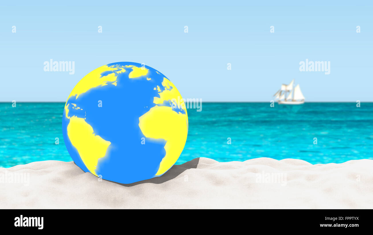 Ball mit einem Welt-Karte-Muster. Sandstrand mit einem unscharfen Boot am Ozean. Stockfoto