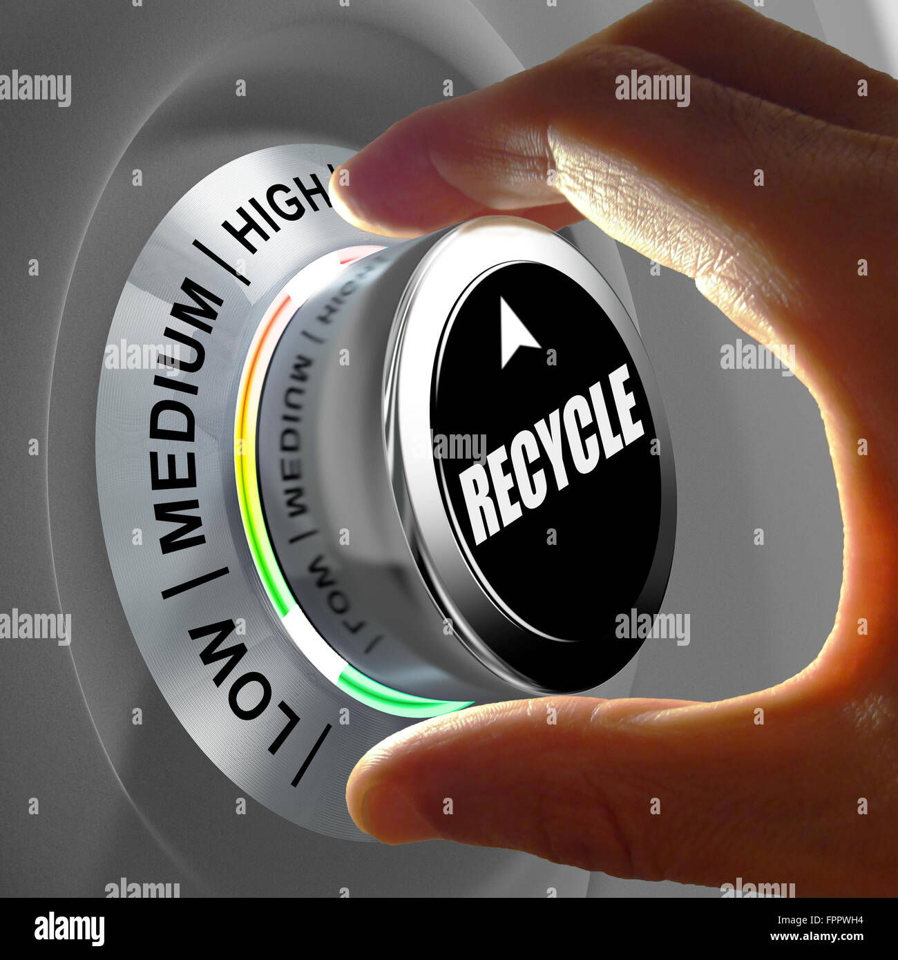 Hand, drehen eine Schaltfläche und Auswahl der Ebene des Recyclings. Diese Konzept Illustration ist eine Metapher für die Wahl der Ebene von r Stockfoto