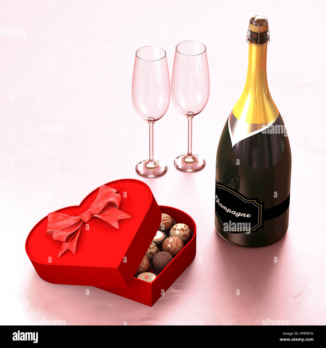 Pralinenschachtel mit einem Champagner und zwei Gläser. Diese Abbildung symbolisiert die Begegnung der beiden Liebenden Stockfoto