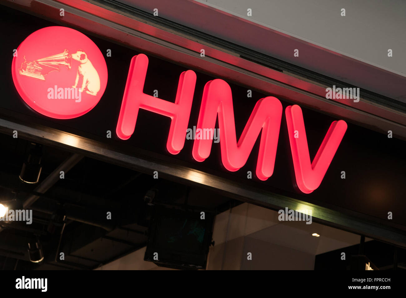 Musikladen HMV Zeichen Logo vor Eingang. Stockfoto