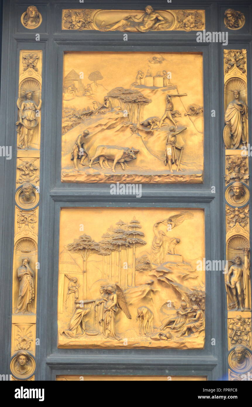 Herausragende goldenen Tore des Paradieses von Lorenzo Ghiberti im Baptisterium San Giovanni in Florenz, Italien Stockfoto