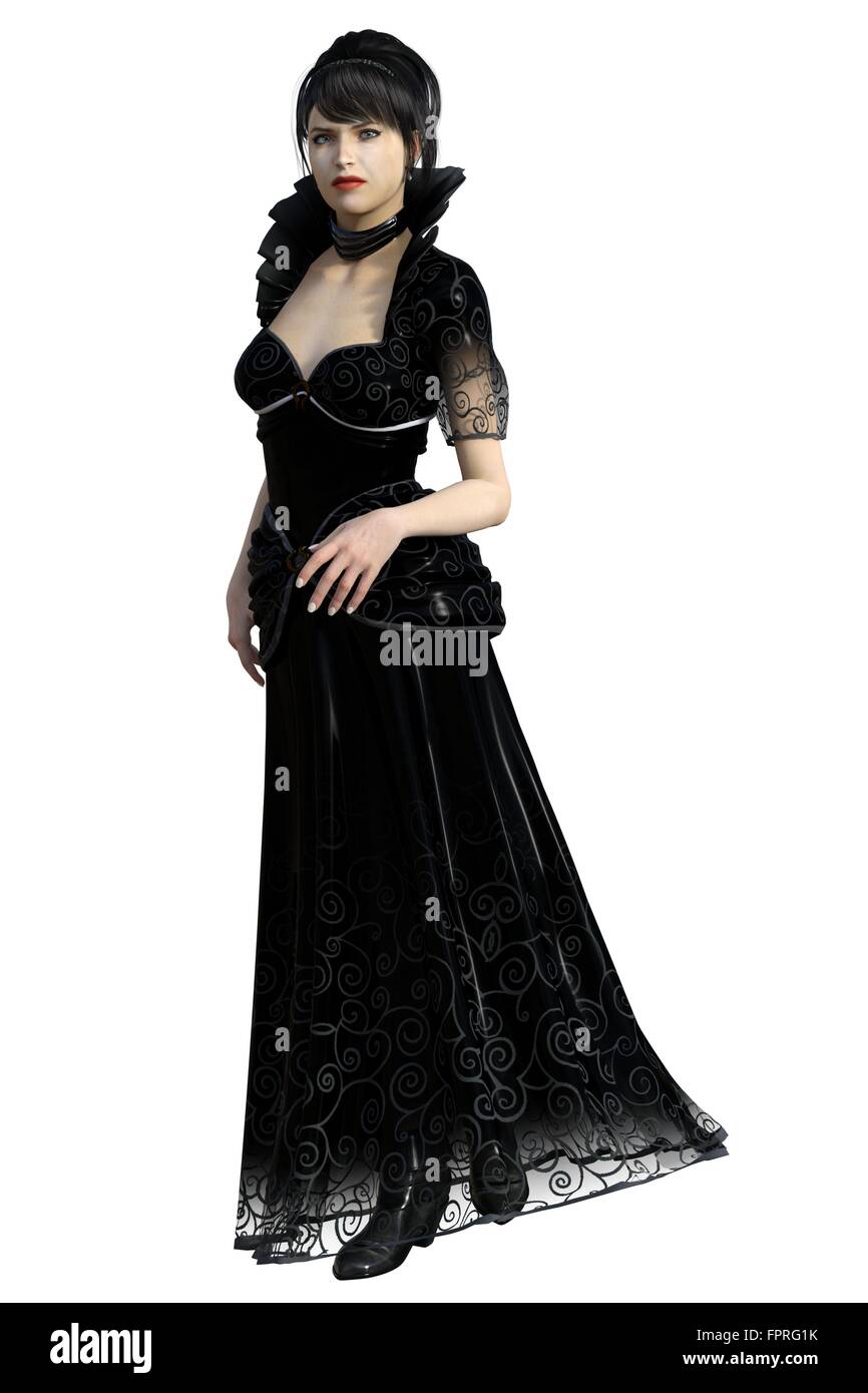Schön böse Stiefmutter in langen schwarzen Kleid mit hohem Kragen Stockfoto