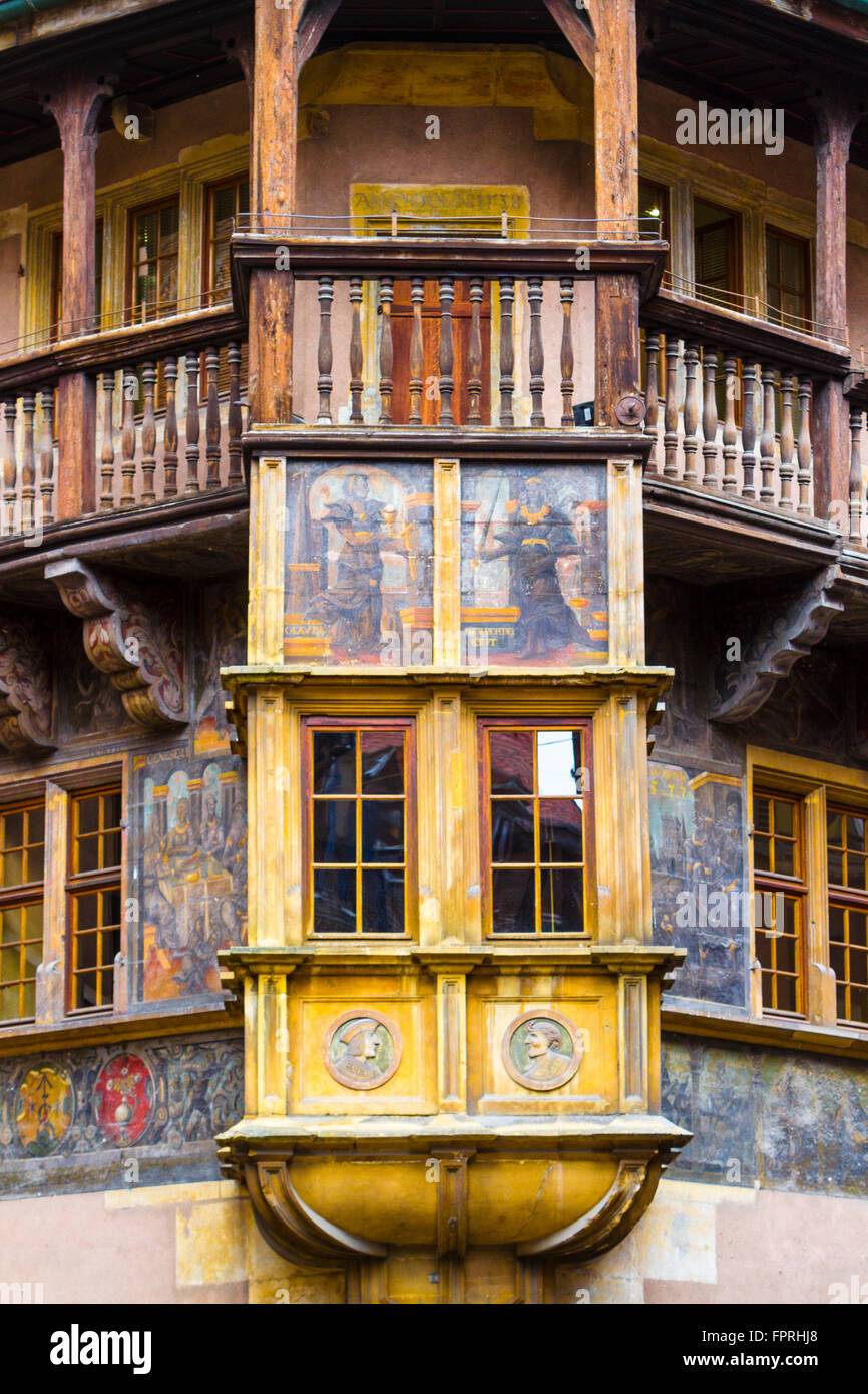 Detail aus Holz mittelalterliche Haus Maison Pfister in Colmar, Elsass, Haut Rhin, Frankreich Stockfoto