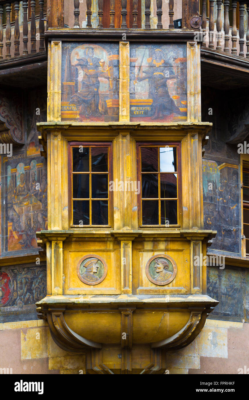 Detail aus Holz mittelalterliche Haus Maison Pfister in Colmar, Elsass, Haut Rhin, Frankreich Stockfoto