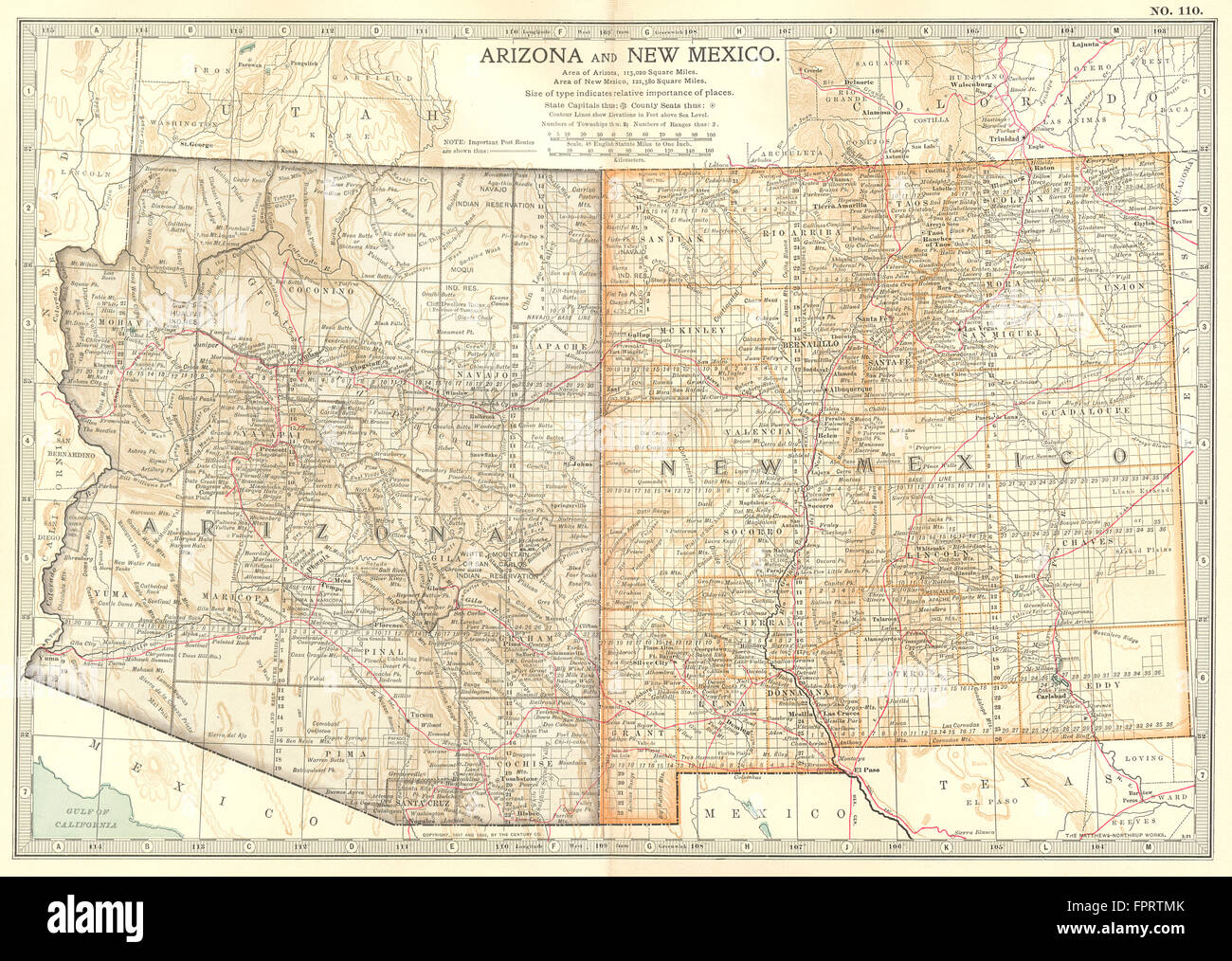 ARIZONA & NEW-MEXICO: State Karte zeigt Grafschaften. Britannica 10. Aufl., 1903 Stockfoto