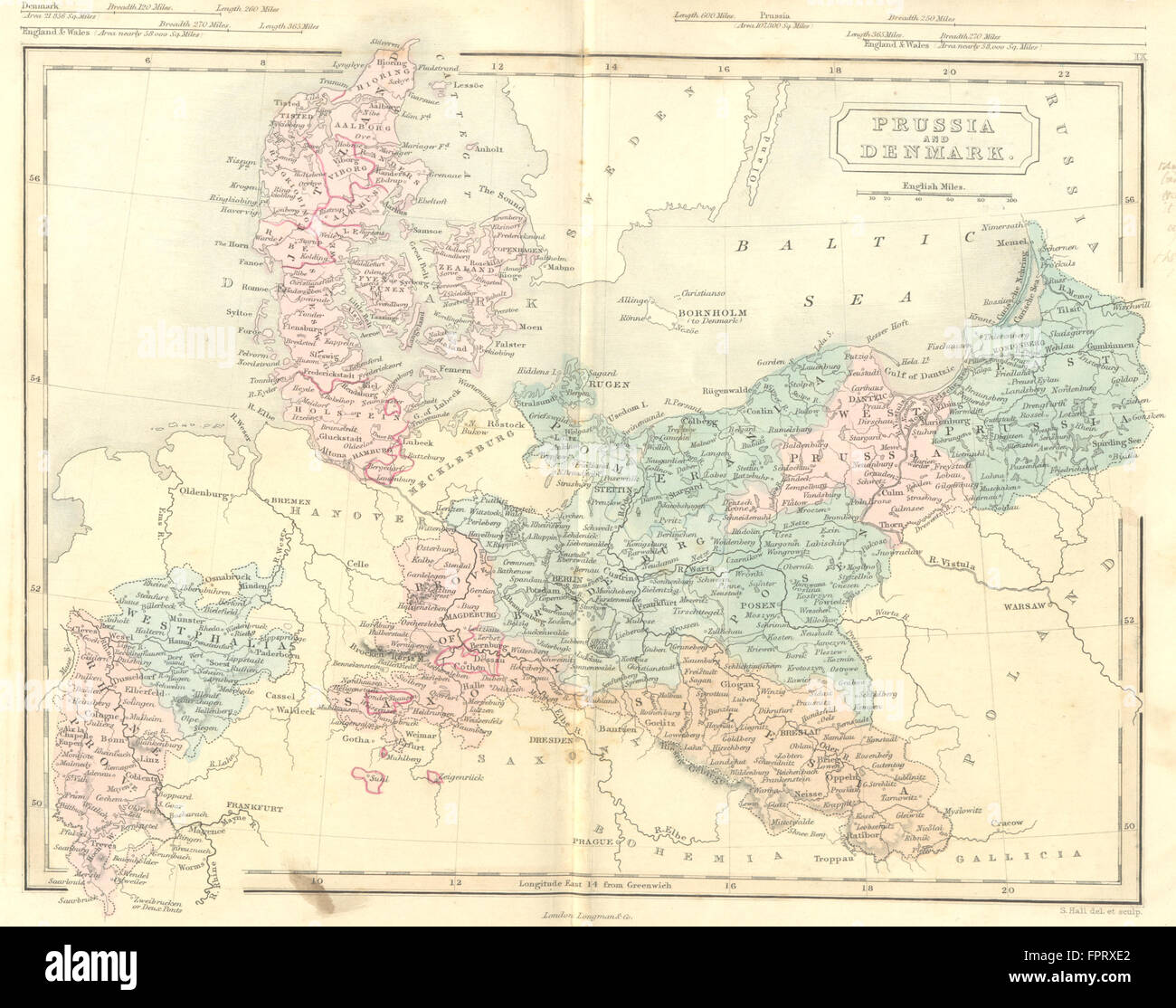 Deutschland: Preußen & Dänemark: Hall, 1851 Antike Landkarte Stockfoto