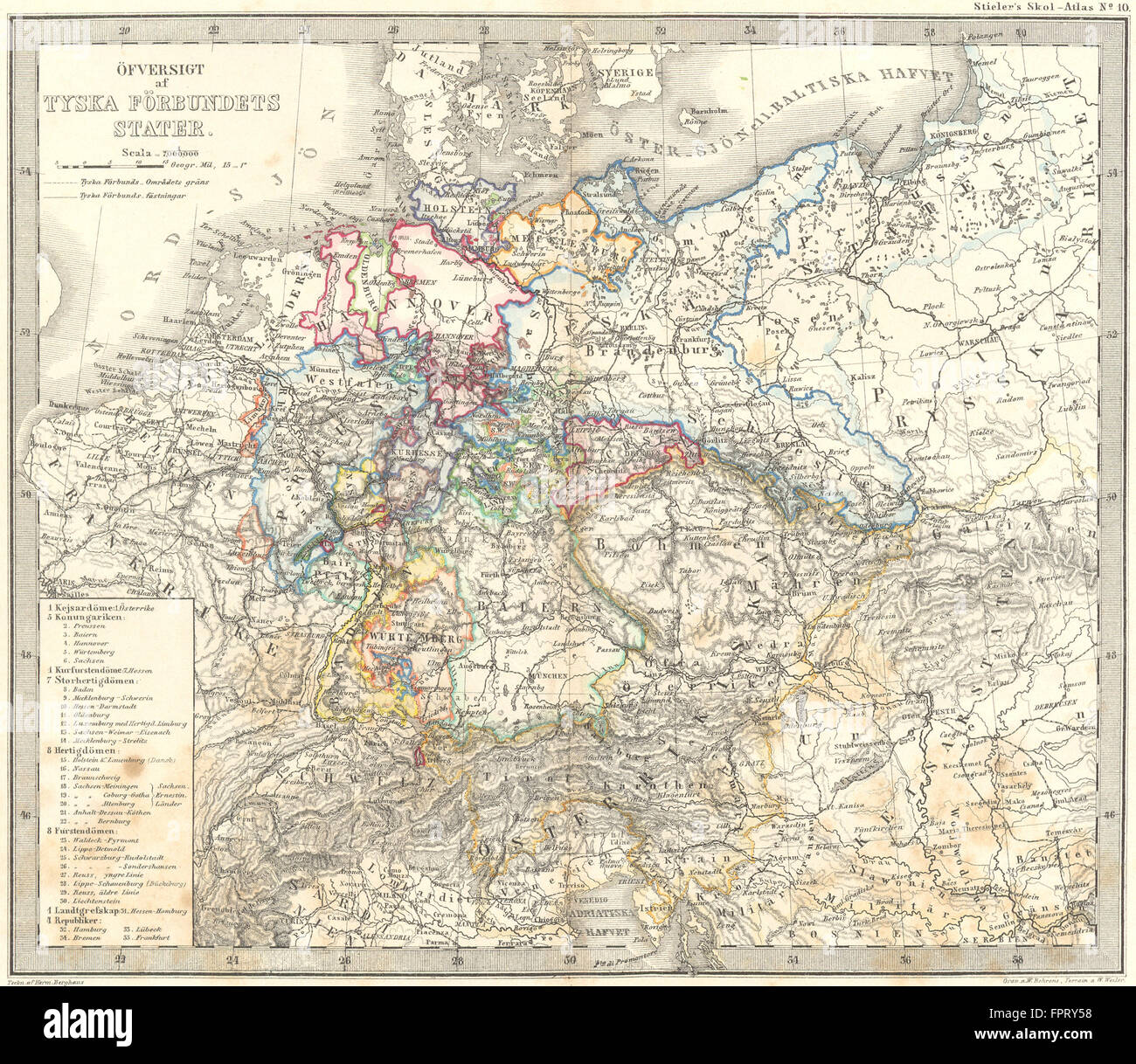 Deutschland: Sommerkonzerte Forbundets Stater: Stieler, 1861 Antike Landkarte Stockfoto