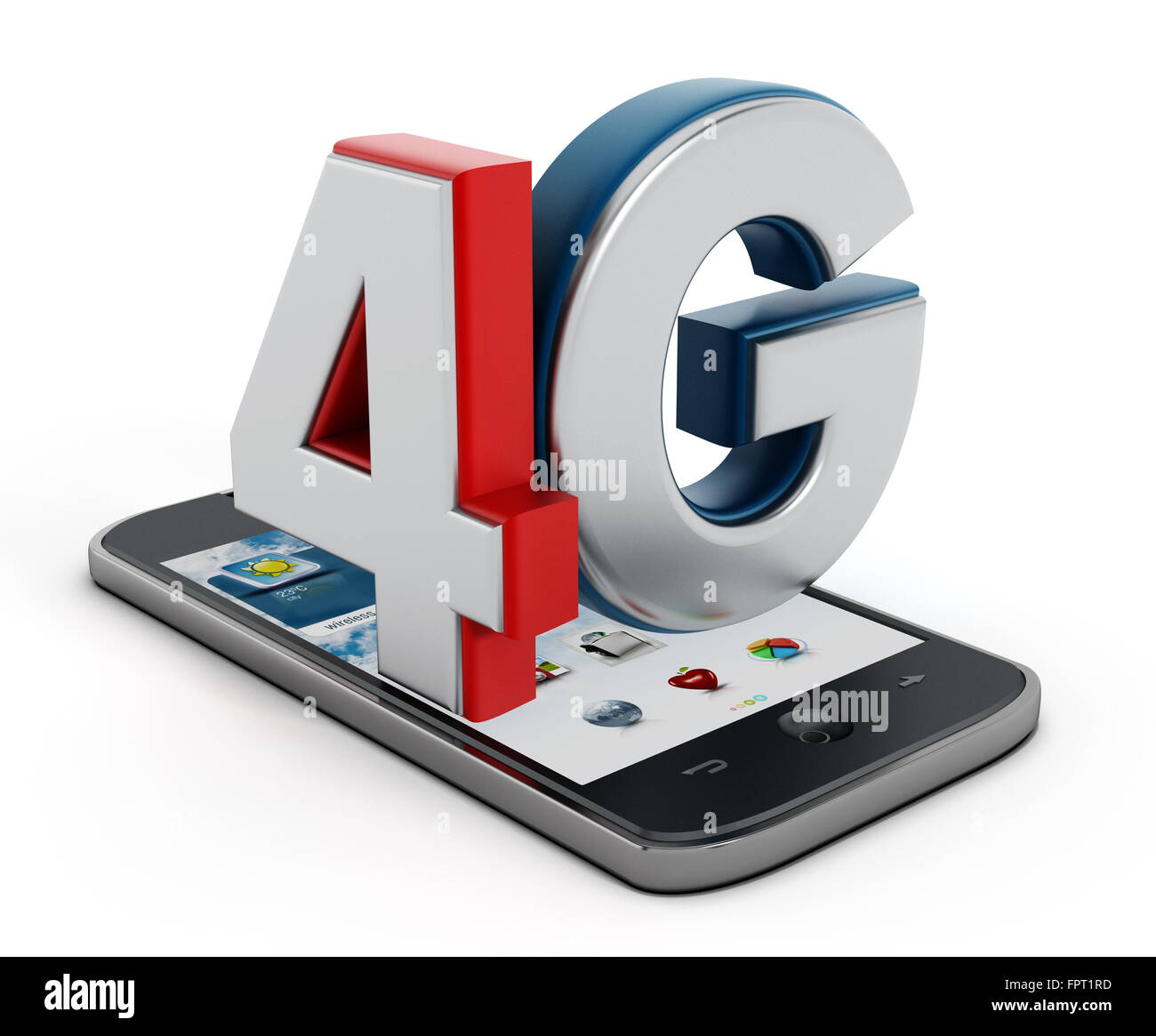 4G Text auf Smartphone isoliert auf weißem Hintergrund Stockfoto