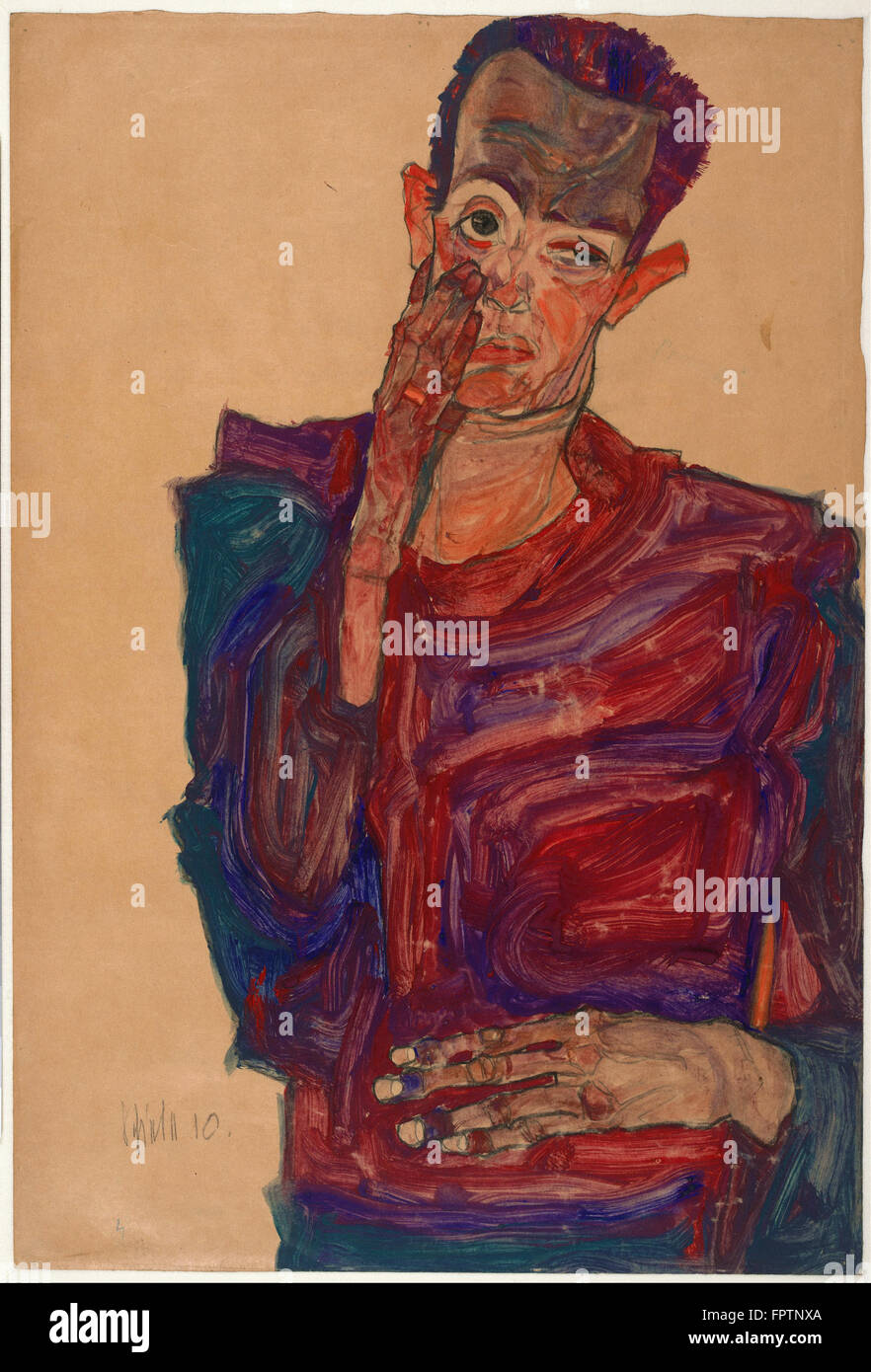 Egon Schiele - Selbstbildnis mit Augenlid zog Down - 1910 Stockfoto