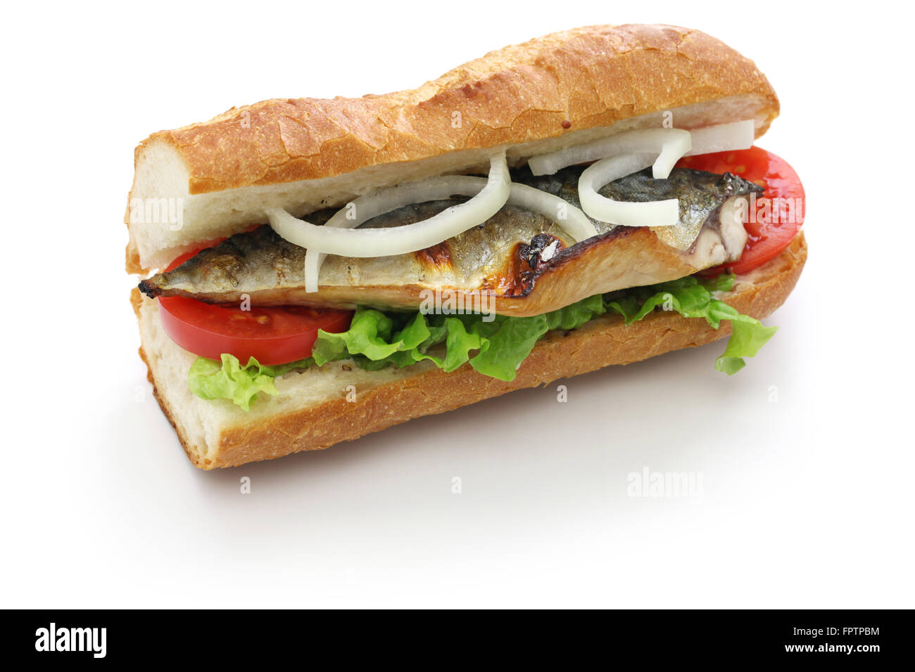 Makrele Fisch-Sandwich, Balik Ekmek, türkische Küche, die isoliert auf weißem Hintergrund Stockfoto