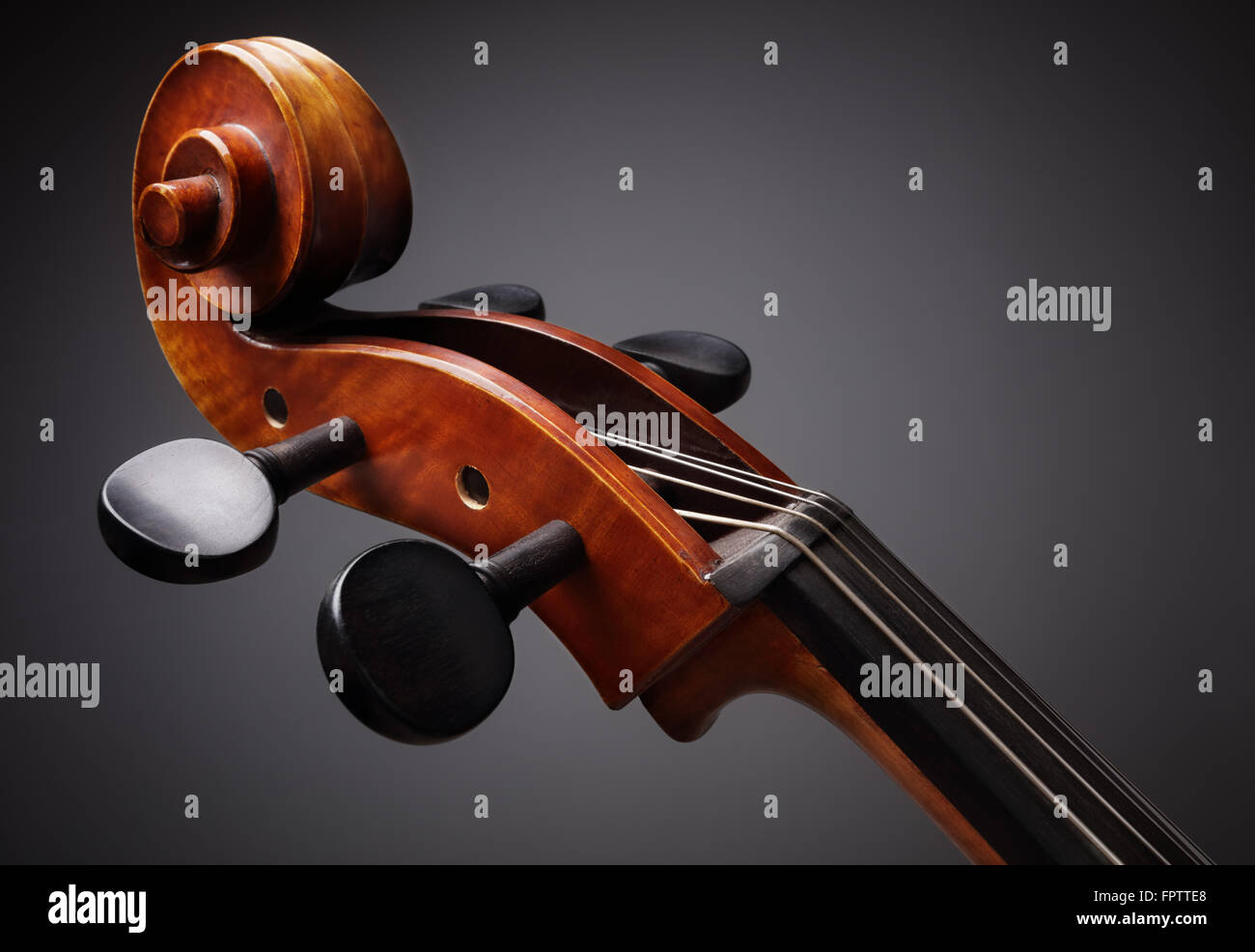 Cello Scroll auf der Kopfplatte und tuning Stifte Stockfoto