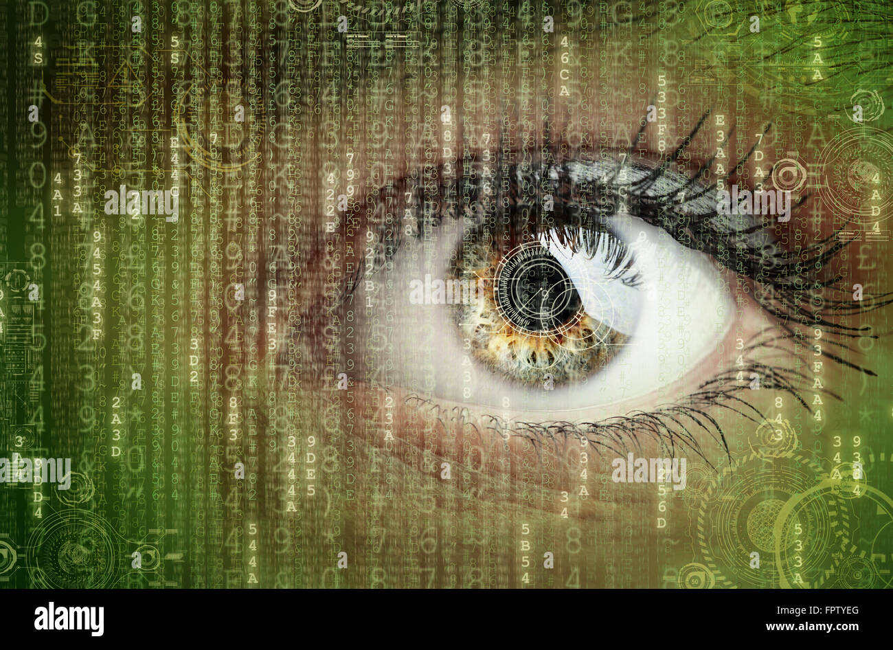 Womans Auge mit futuristischen Digitaldaten Konzept für Technologie, virtual-Reality-Kopfhörer, biometrische Netzhaut-Scan, Überwachung oder Stockfoto