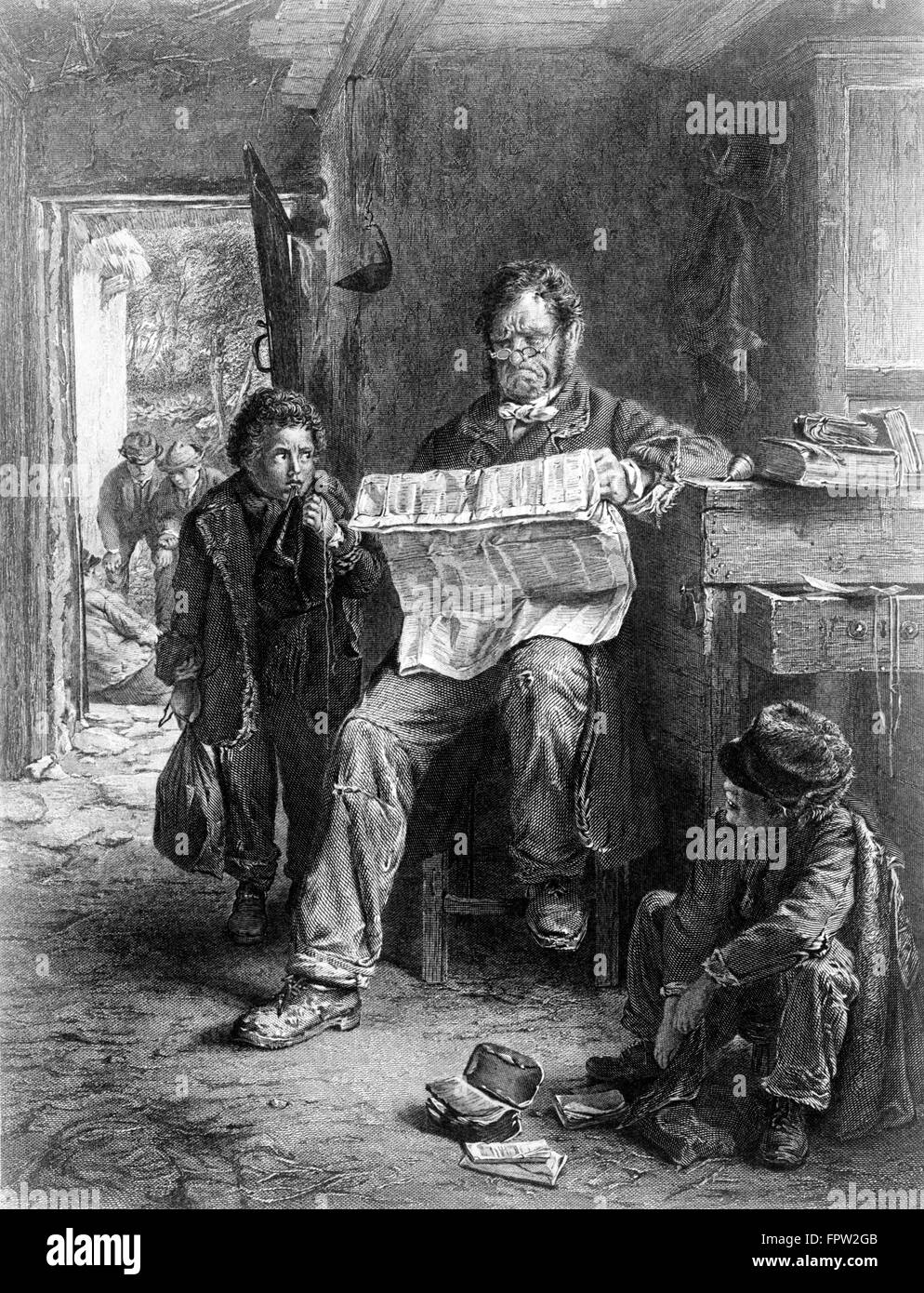 1850er Jahre junge STUDENT gehalten nach Schule von STERN Mann Schule Meister Lehrer andere Jungs draußen spielen Gravur von STEPHENSON NICHOL Stockfoto