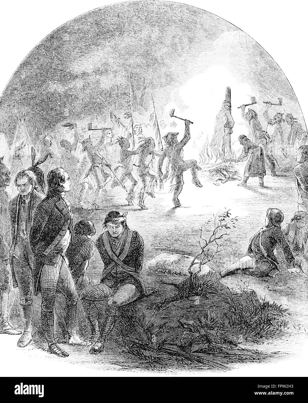 1700S 1760S GRAVUR DARSTELLUNG FOLTER VON ENGLISCHEN GEFANGENEN VON DEN INDIANERN WÄHREND DES PONTIAC KRIEG Stockfoto