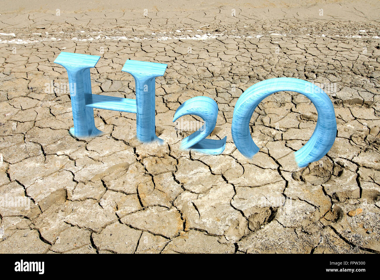 CGI Buchstaben H2O rissigen Boden, 3D-Grafik, symbolisches Bild für Dürre Stockfoto