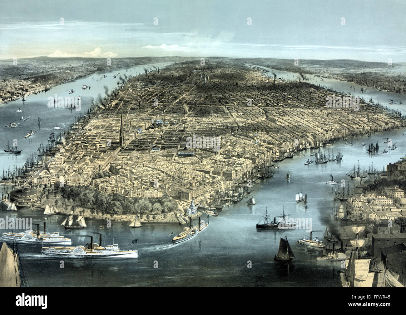 Vintage American History Drucken einer Stadtbild Ansicht von New York City, ca. 1850. Stockfoto