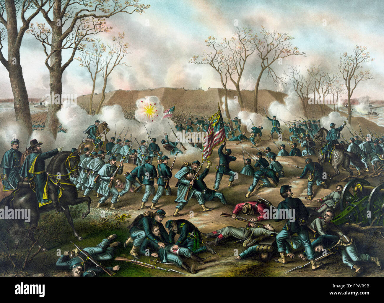 Bürgerkrieg-Druck der Union und der Konföderation Truppen bei der Schlacht von Fort Donelson. Der Einnahme der Festung durch Unionstruppen Stockfoto