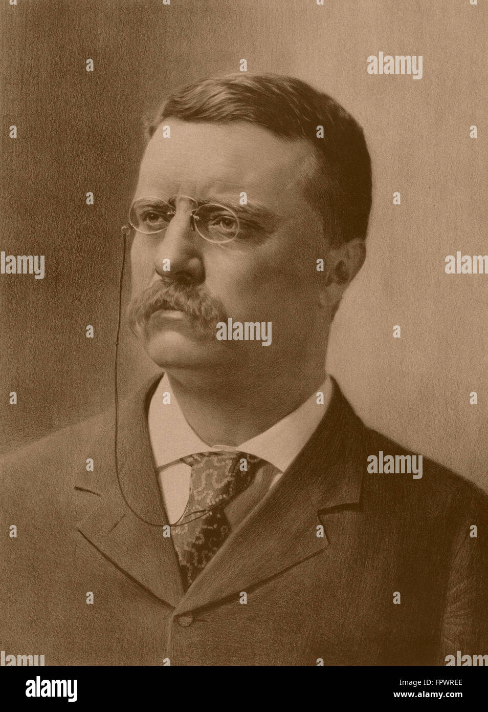 Vintage American History Print von einem jüngeren Präsident Theodore Roosevelt nach rechts. Stockfoto