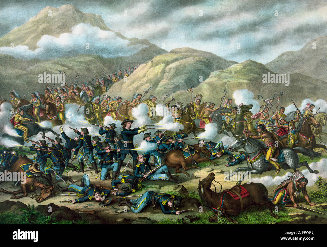 Vintage Militär Drucken mit der Schlacht von Little Bighorn, auch bekannt als Custer's Last Stand. Stockfoto