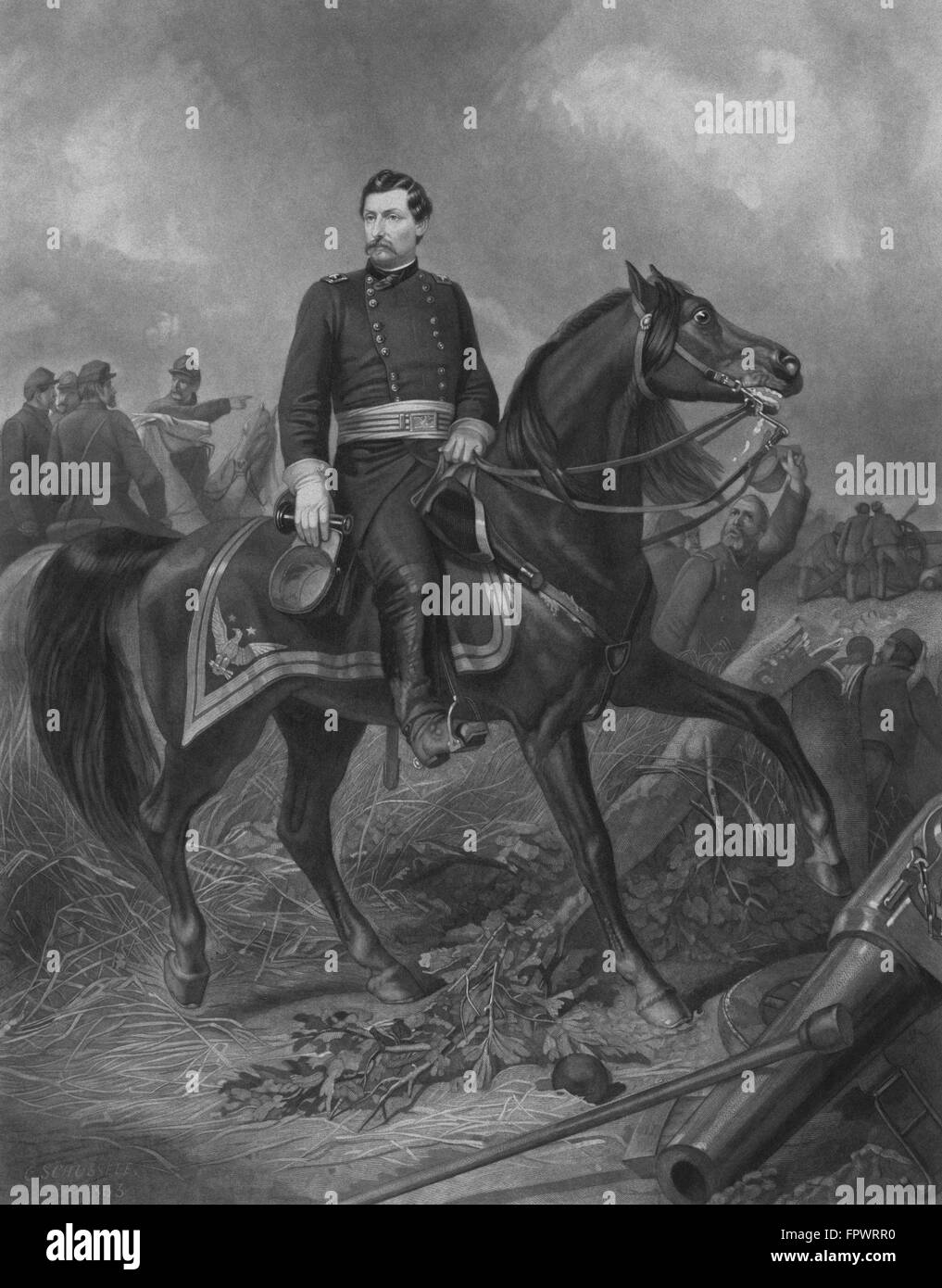 Vintage Bürgerkrieg Druck der Union General George McClellan auf dem Pferderücken. Stockfoto