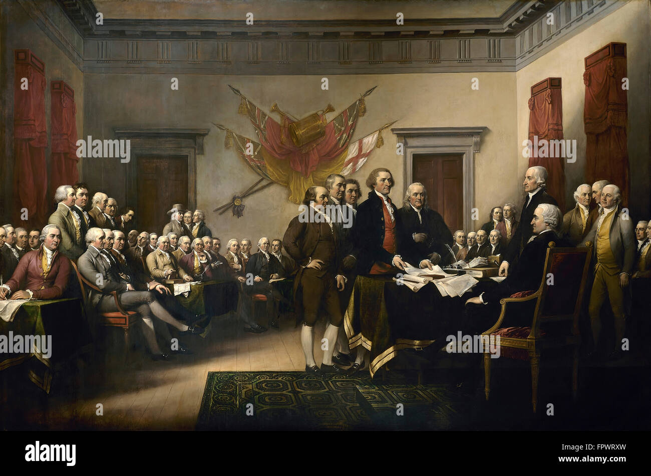 Bild zeigt Thomas Jefferson, John Adams, Roger Sherman, Robert Livingston und Benjamin Franklin präsentiert die erste draf Stockfoto