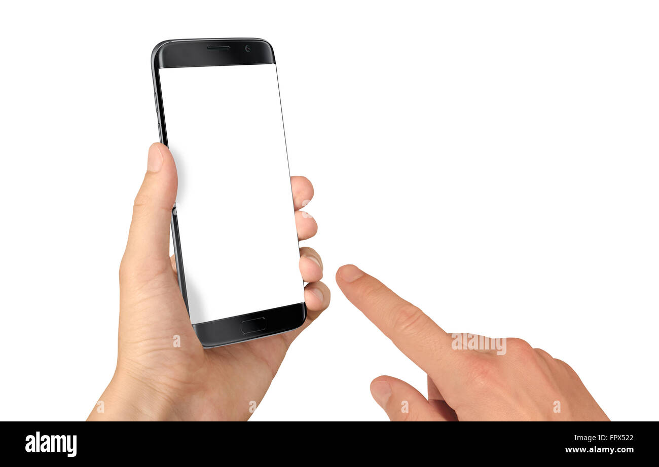 Moderne schwarze Smartphone in der Hand des Menschen. Weißer Bildschirm für Mockup, isoliert. Stockfoto
