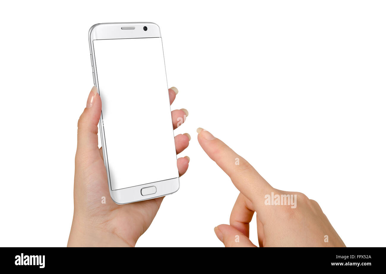 Moderne weiße Smartphone in der Hand der Frau. Weißer Bildschirm für Mockup, isoliert. Stockfoto