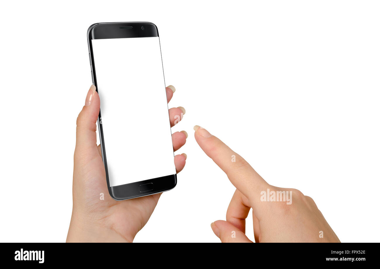 Moderne schwarze Smartphone in der Hand der Frau. Weißer Bildschirm für Mockup, isoliert. Stockfoto