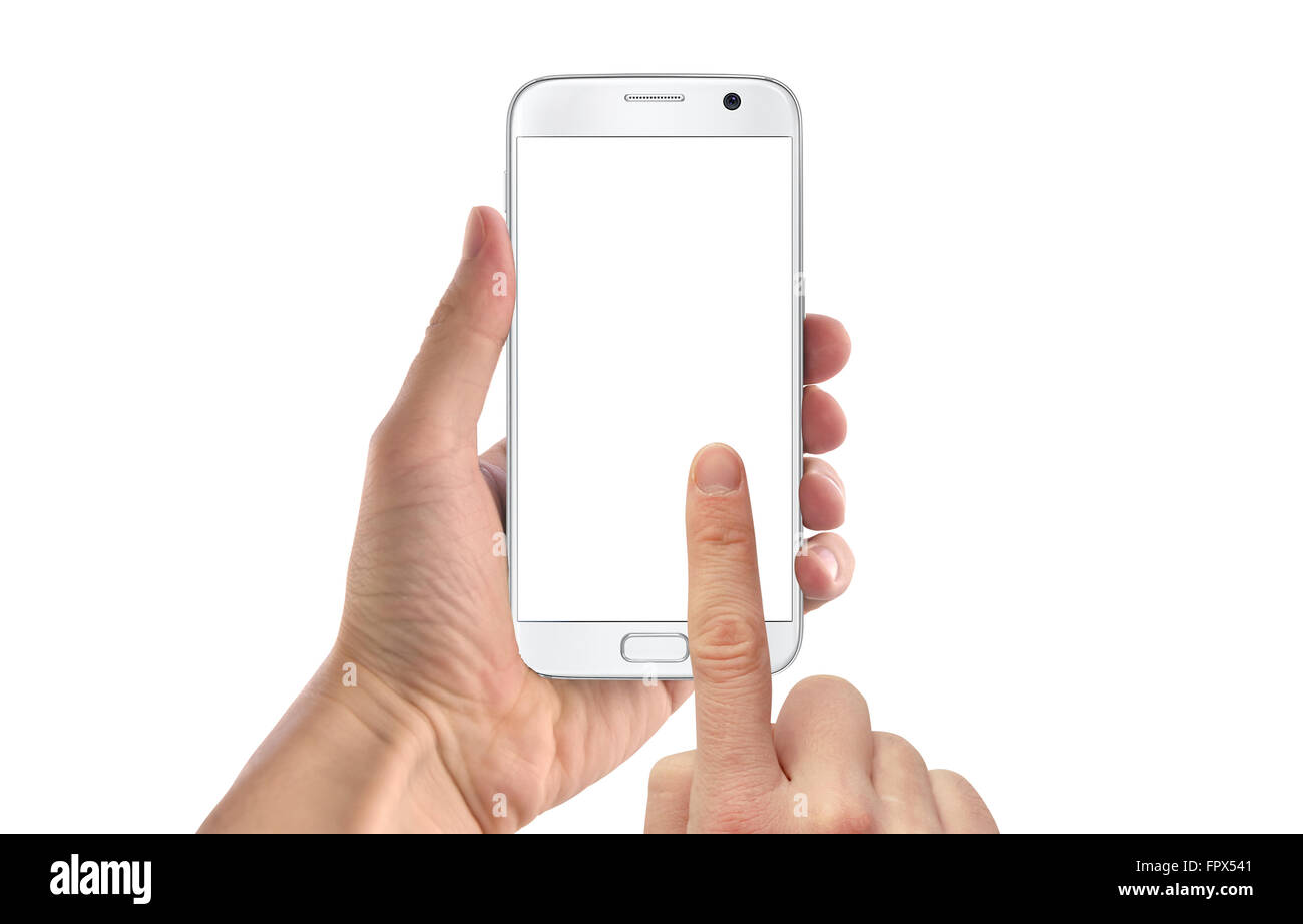Moderne weiße Smartphone in der Hand des Menschen. Weißer Bildschirm für Mockup, isoliert. Stockfoto