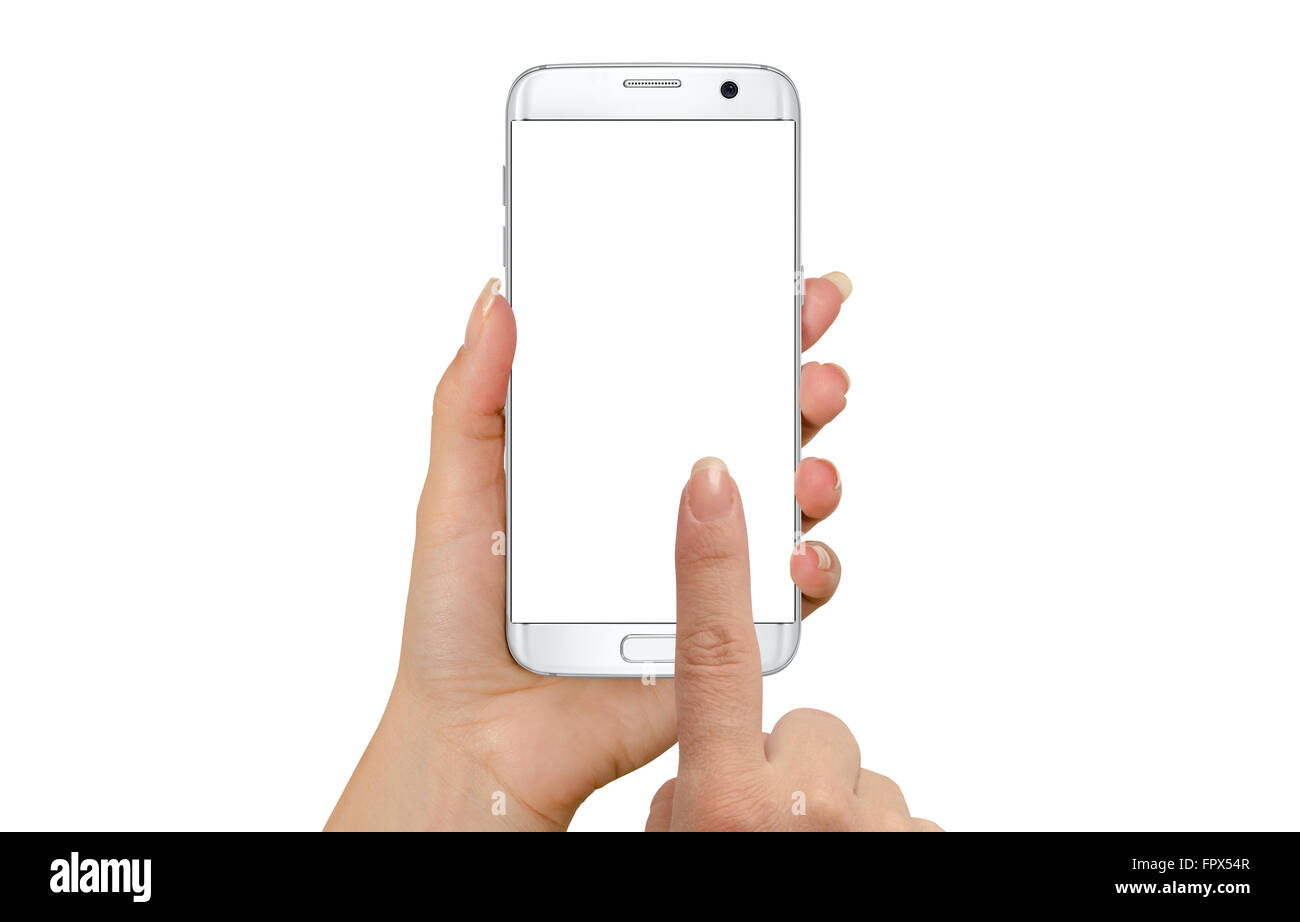 Moderne weiße Smartphone in der Hand der Frau. Weißer Bildschirm für Mockup, isoliert. Stockfoto