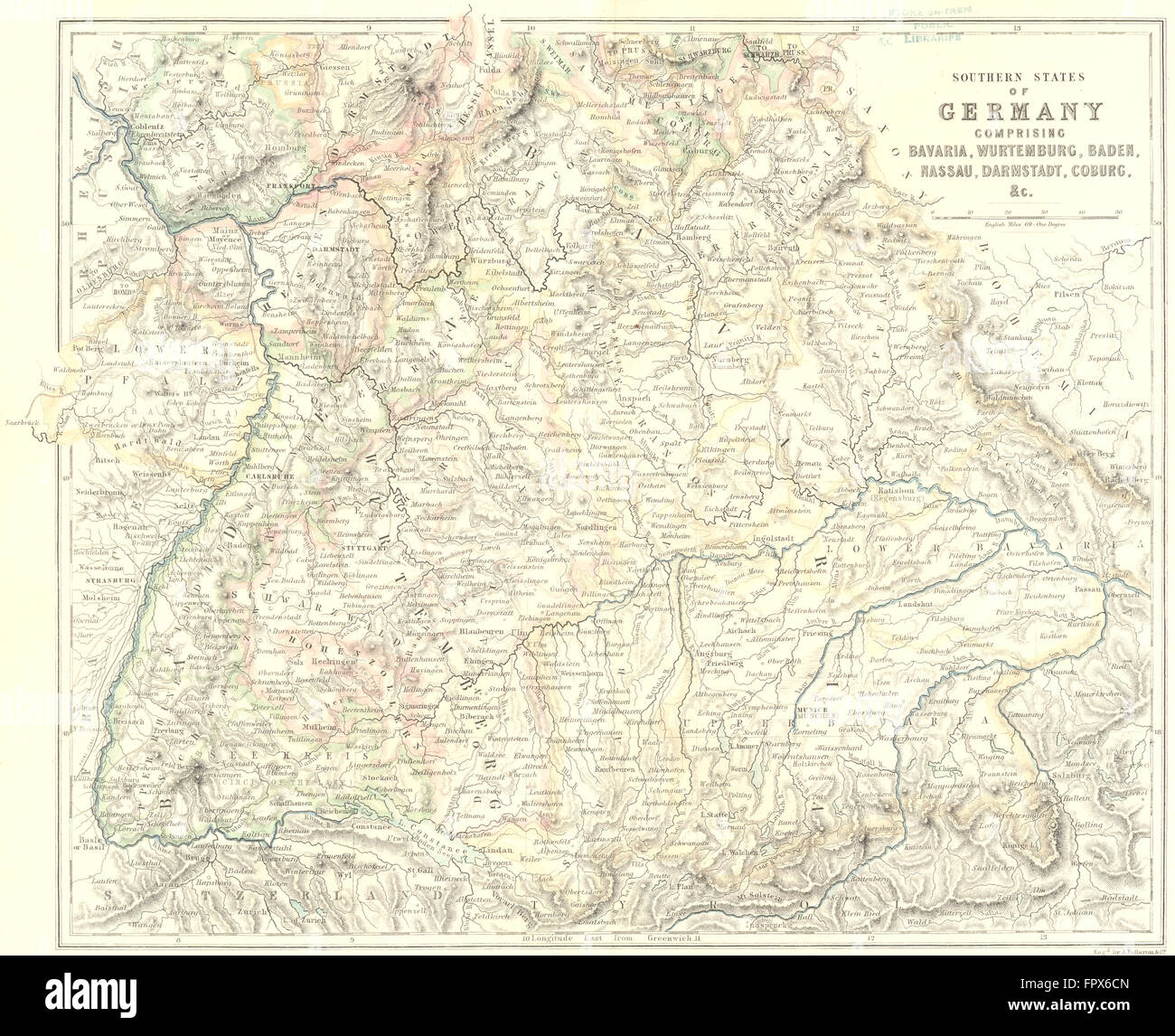 BAYERN, deutschen, NASSAU, DARMSTADT, COBURG:, 1856 antike Karte Stockfoto