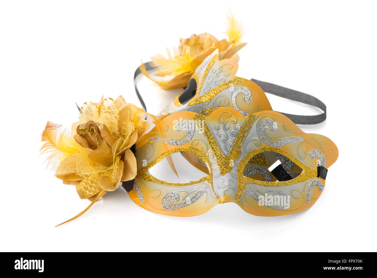 Zwei gelbe venezianischen Masken, für eine Party auf einem weißen Hintergrund Stockfoto