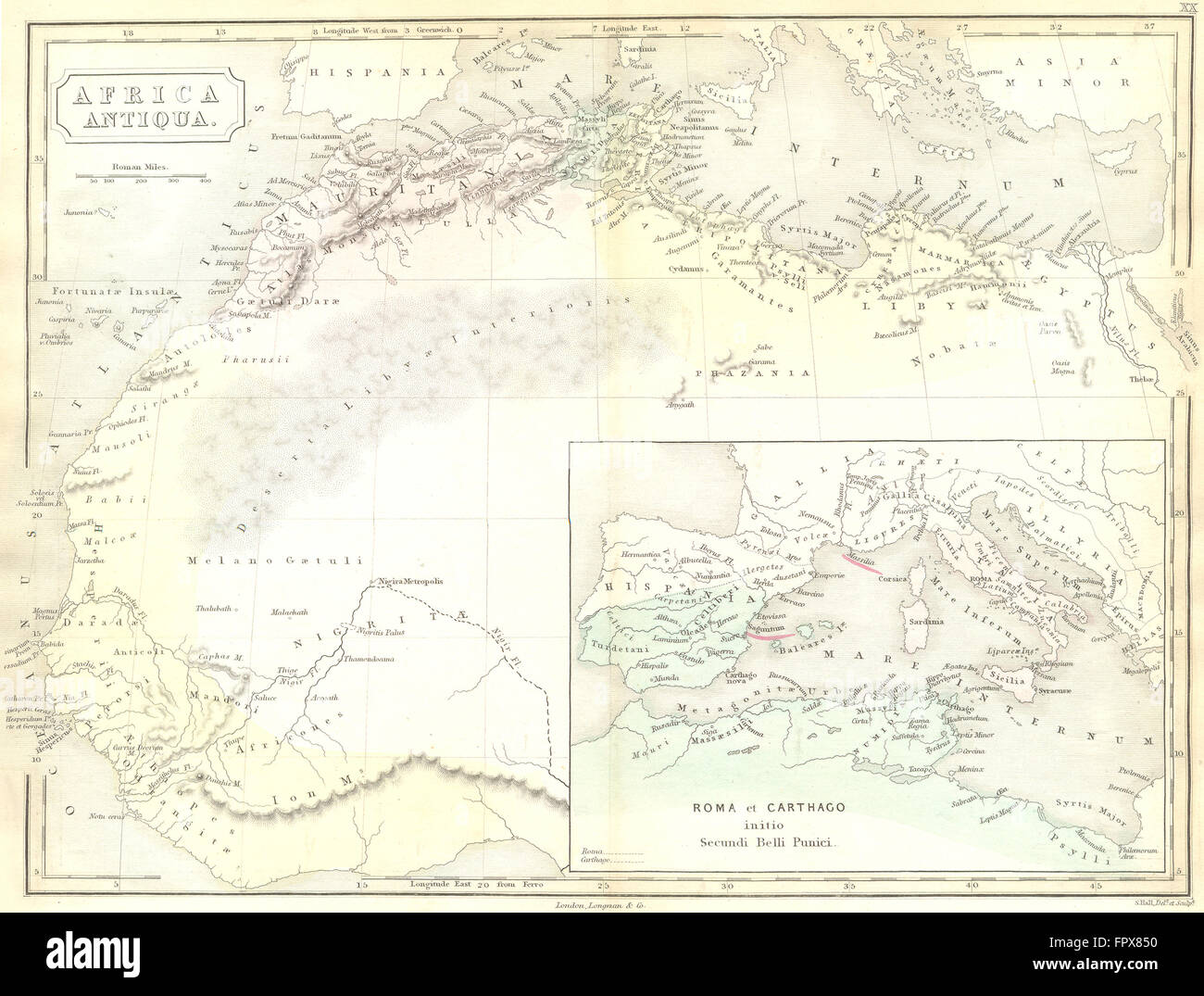 Afrika: Klassische Punischen Krieg Rom Karthago; Hall, 1861 Antike Landkarte Stockfoto