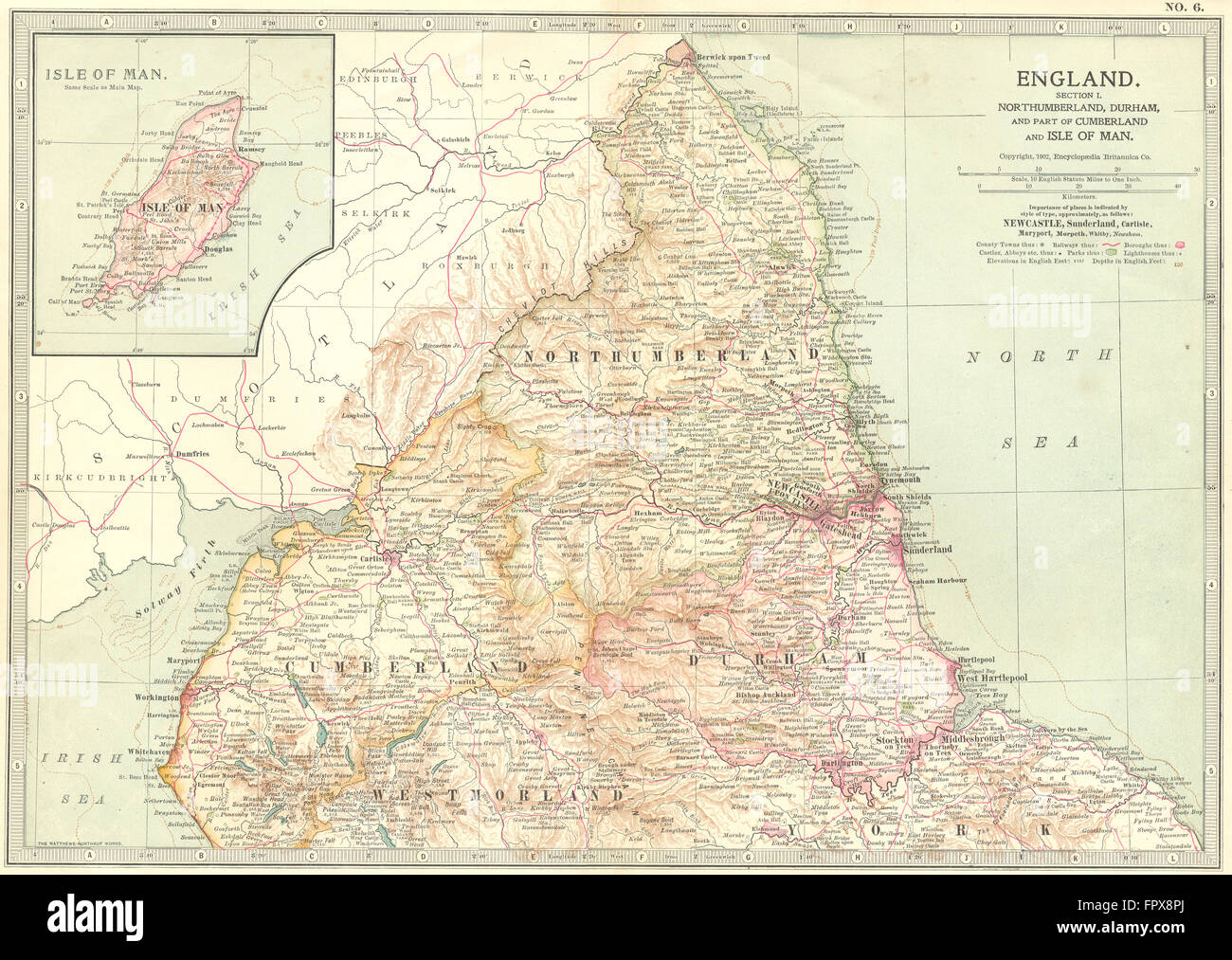 ENGLAND: Northumbs Durham Cumbria Isle Of Man, 1903 Antike Landkarte Stockfoto