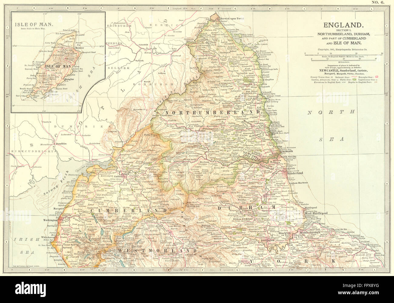 ENGLAND: Northumbs, Durham, Cumbria Isle Of Man, 1903 Antike Landkarte Stockfoto